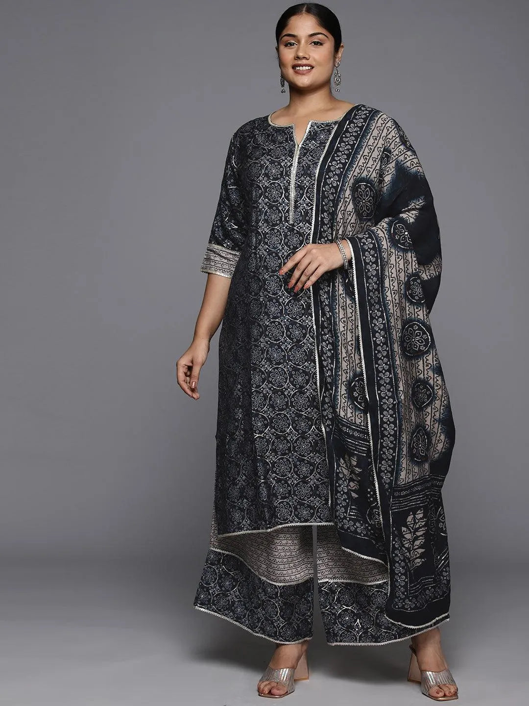 Plus Size Blue Printed Silk Blend Straight Kurta With Palazzos & Dupatta - Libas