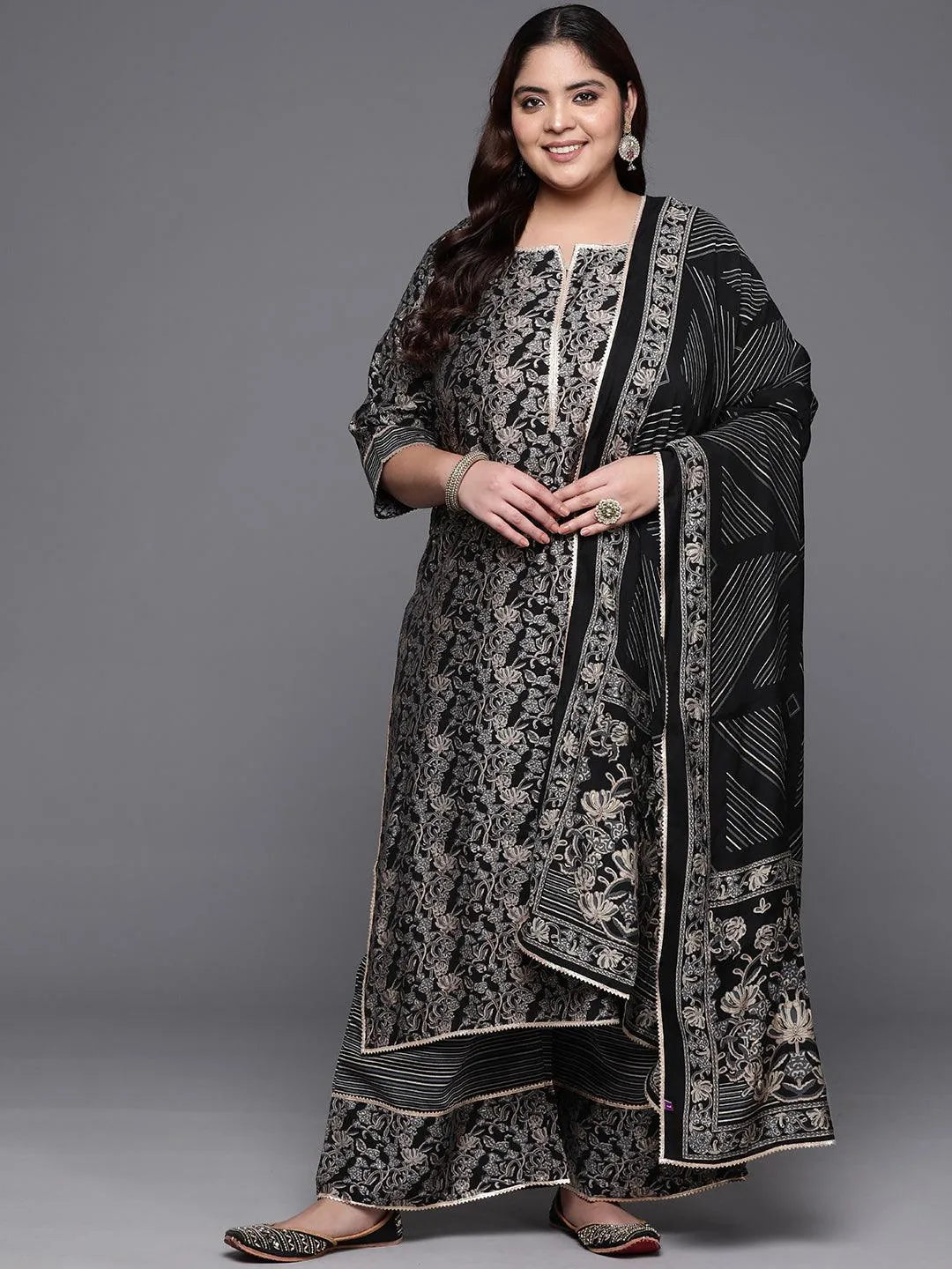 Plus Size Blue Printed Silk Blend Straight Kurta With Palazzos & Dupatta - Libas 
