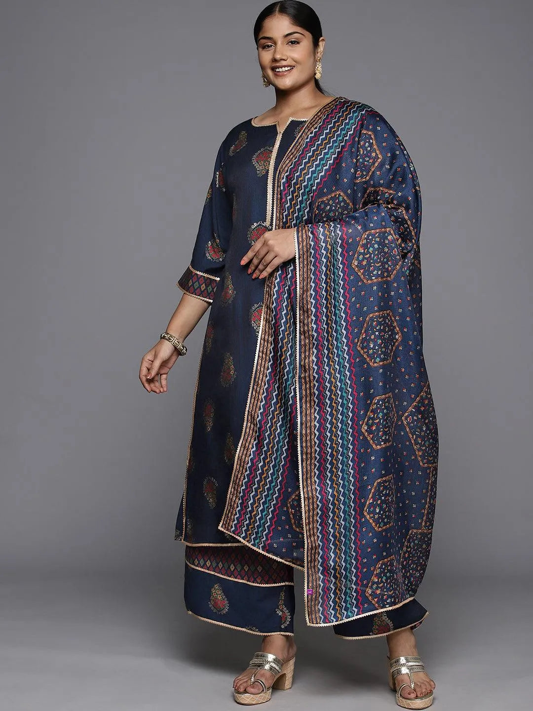 Plus Size Blue Printed Silk Blend Straight Kurta With Palazzos & Dupatta - Libas 