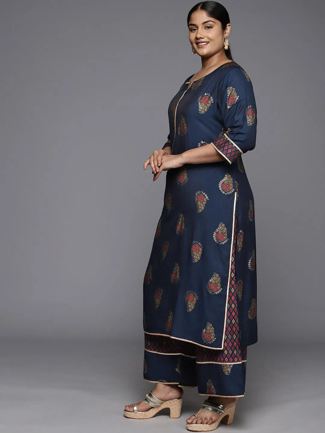 Plus Size Blue Printed Silk Blend Straight Kurta With Palazzos & Dupatta - Libas 
