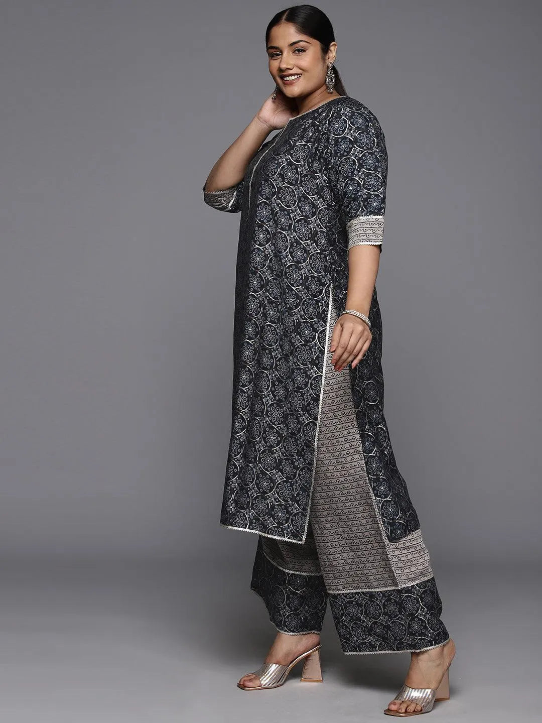Plus Size Blue Printed Silk Blend Straight Kurta With Palazzos & Dupatta - Libas 