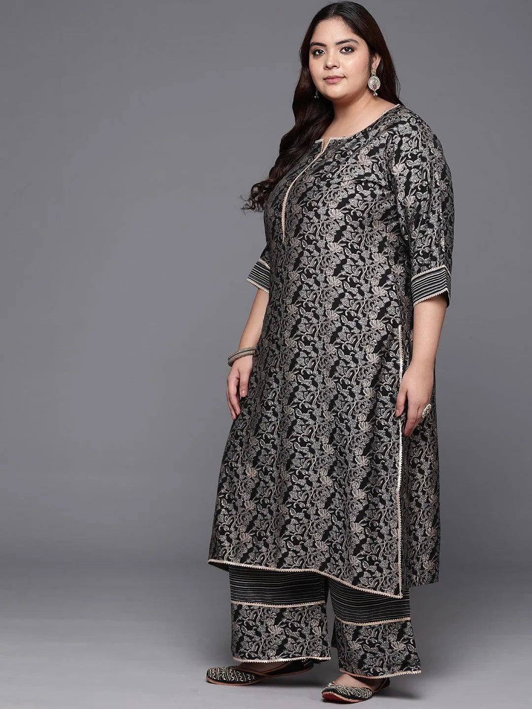 Plus Size Blue Printed Silk Blend Straight Kurta With Palazzos & Dupatta - Libas 