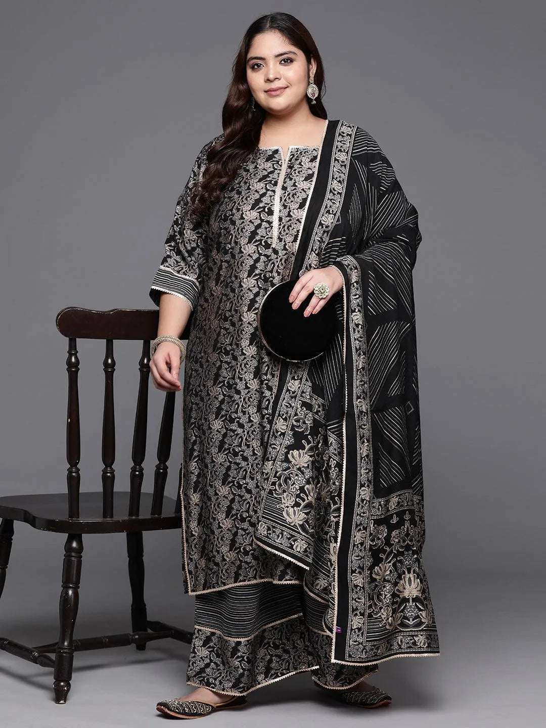 Plus Size Blue Printed Silk Blend Straight Kurta With Palazzos & Dupatta - Libas