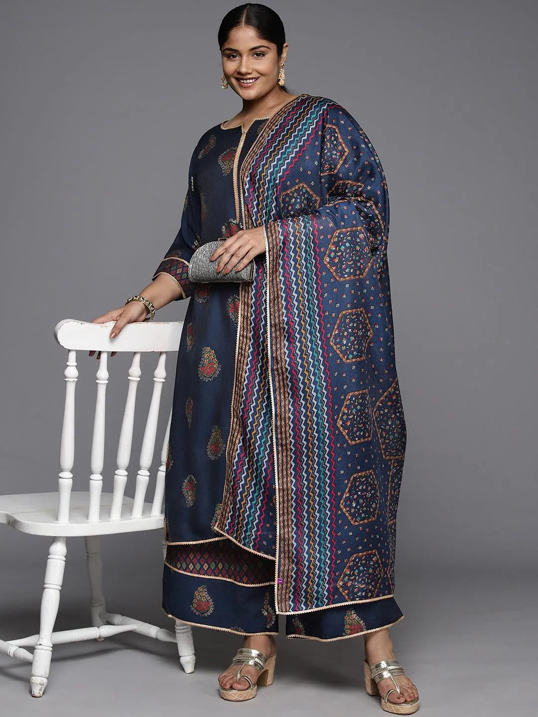 Plus Size Blue Printed Silk Blend Straight Kurta With Palazzos & Dupatta - Libas 