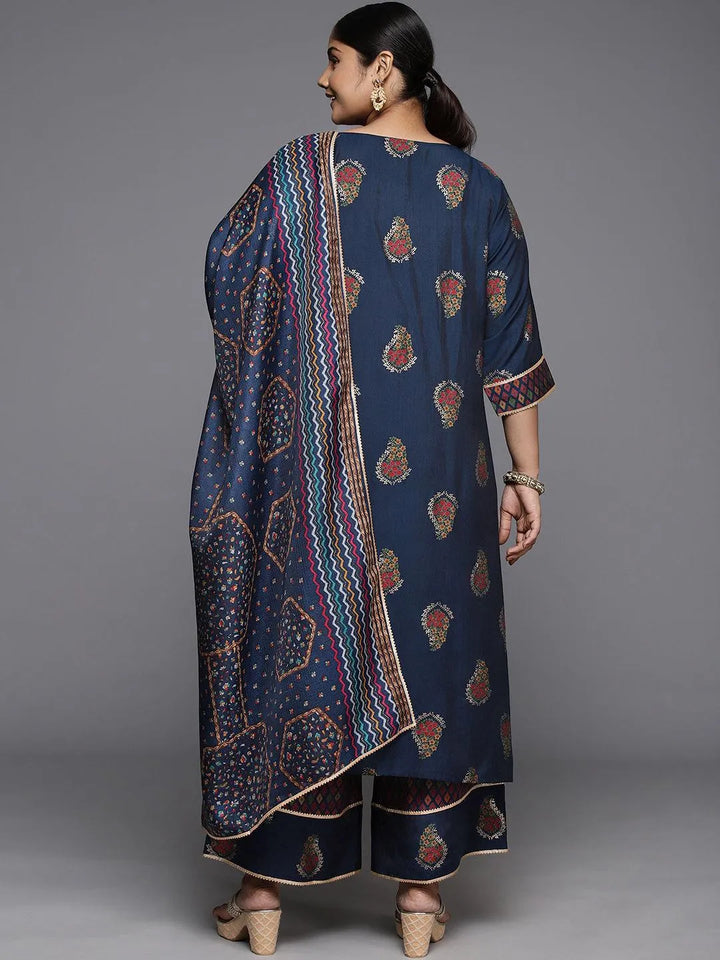 Plus Size Blue Printed Silk Blend Straight Kurta With Palazzos & Dupatta - Libas