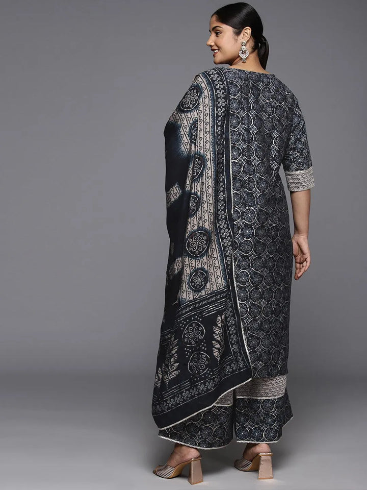 Plus Size Blue Printed Silk Blend Straight Kurta With Palazzos & Dupatta - Libas