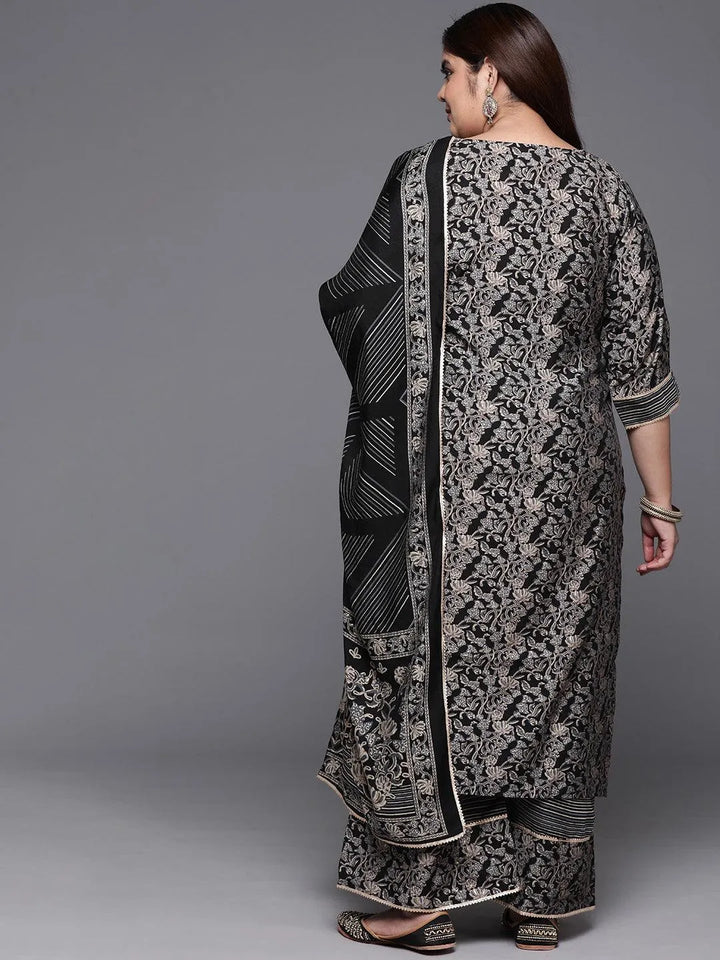 Plus Size Blue Printed Silk Blend Straight Kurta With Palazzos & Dupatta - Libas