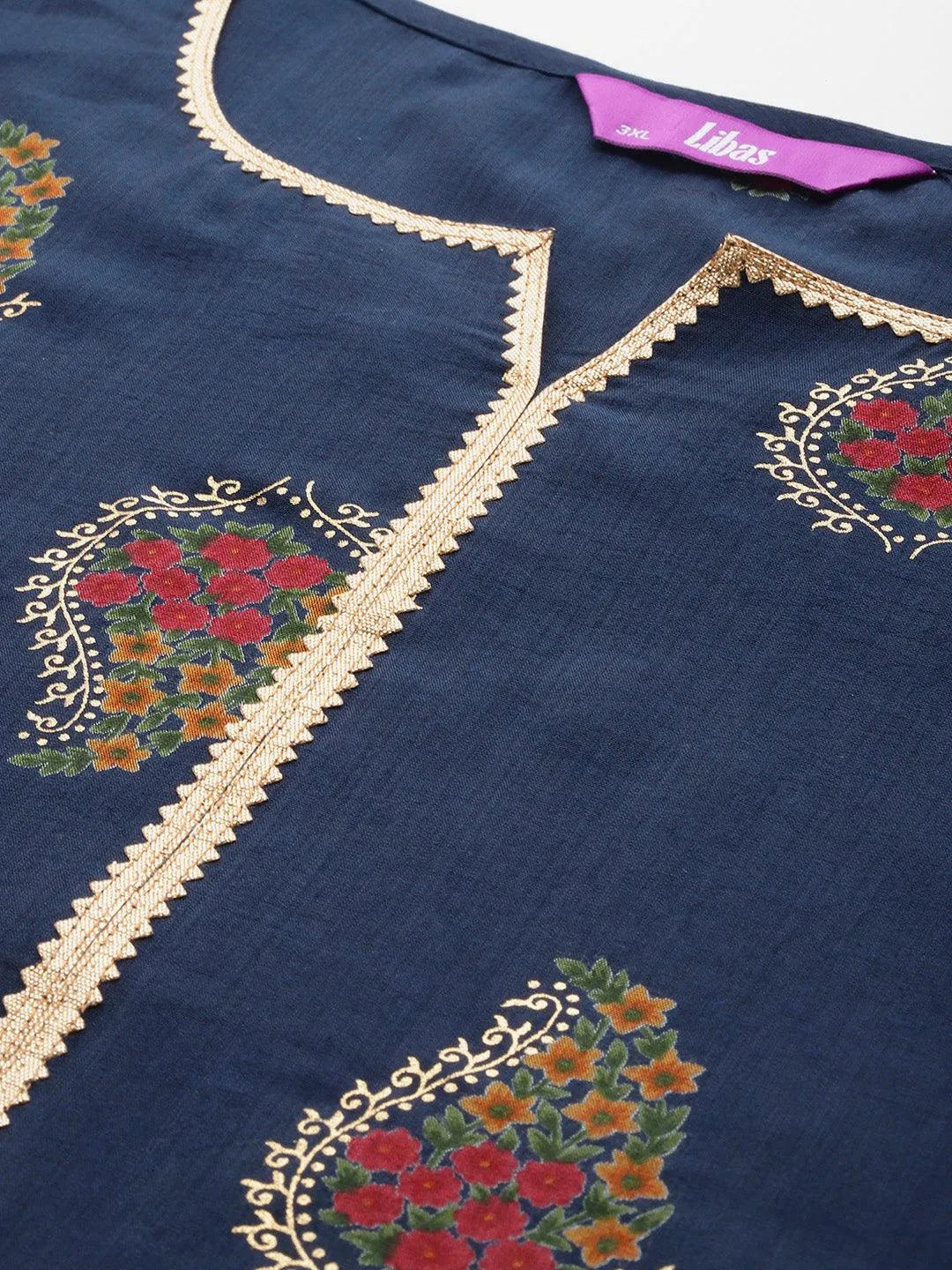 Plus Size Blue Printed Silk Blend Straight Kurta With Palazzos & Dupatta - Libas 
