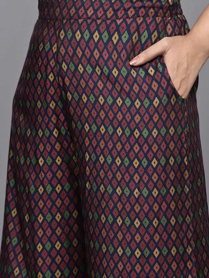 Plus Size Blue Printed Silk Blend Straight Kurta With Palazzos & Dupatta - Libas