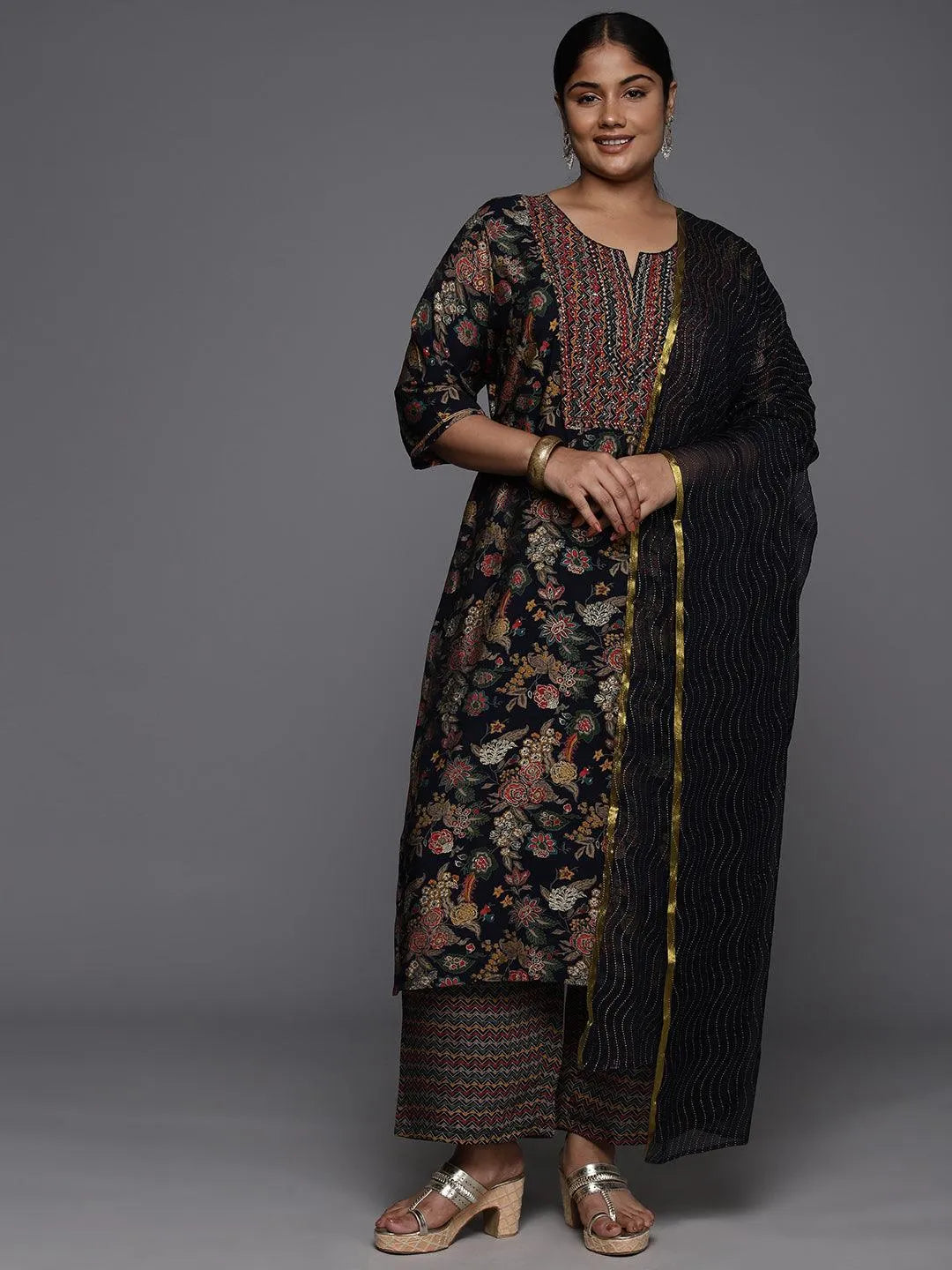 Plus Size Blue Printed Silk Blend Straight Kurta With Trousers & Dupatta - Libas