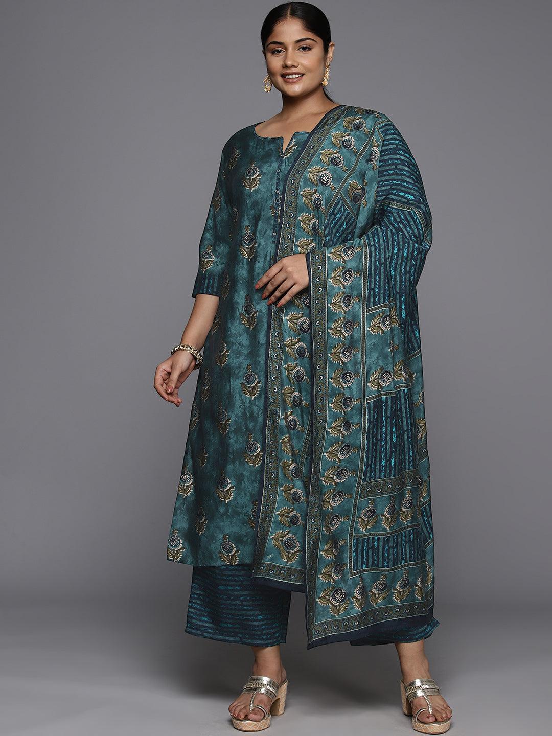Plus Size Blue Printed Silk Blend Straight Suit With Dupatta