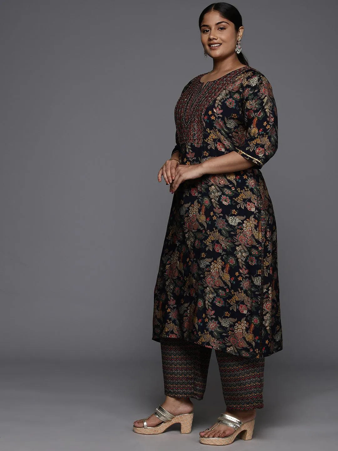 Plus Size Blue Printed Silk Blend Straight Kurta With Trousers & Dupatta - Libas 