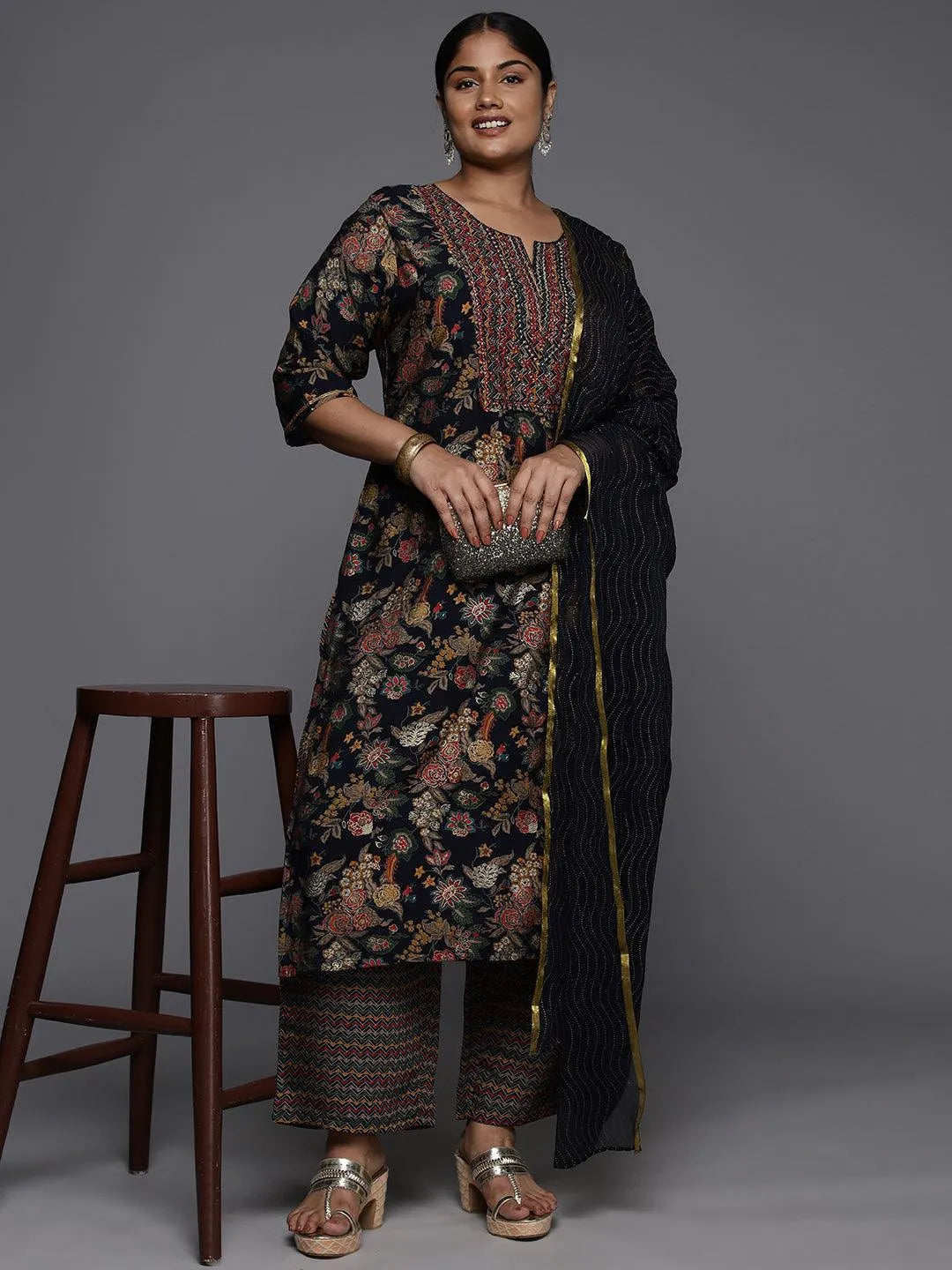 Plus Size Blue Printed Silk Blend Straight Kurta With Trousers & Dupatta - Libas 