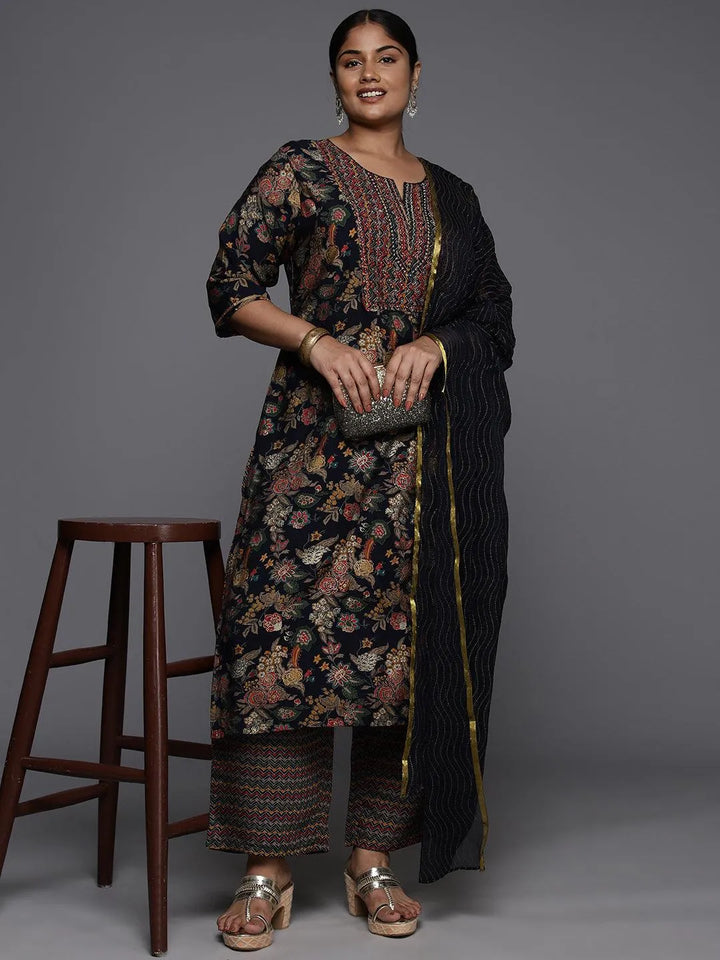 Plus Size Blue Printed Silk Blend Straight Kurta With Trousers & Dupatta - Libas