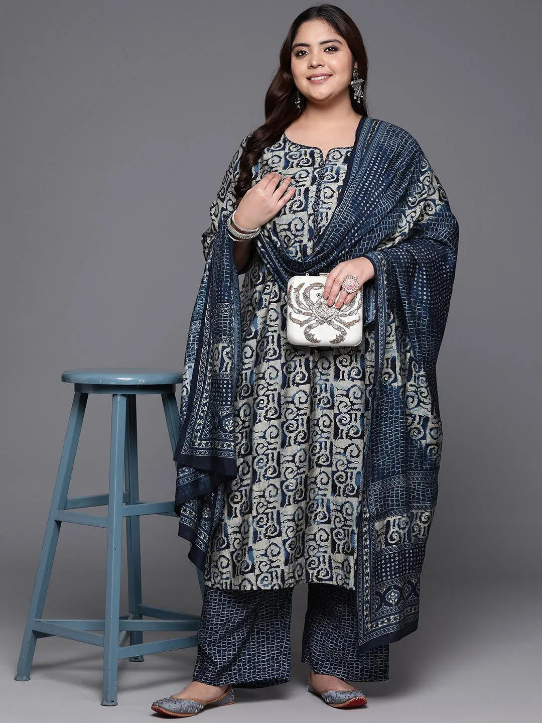 Plus Size Blue Printed Silk Blend Straight Kurta With Trousers & Dupatta - Libas 