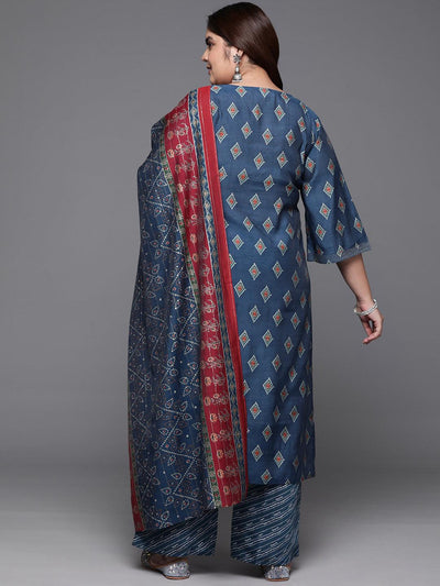 Plus Size Blue Printed Silk Blend Straight Kurta With Trousers & Dupatta - Libas