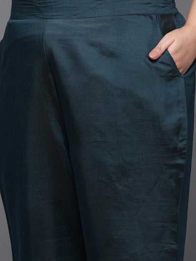 Plus Size Blue Printed Silk Blend Straight Kurta With Trousers & Dupatta - Libas