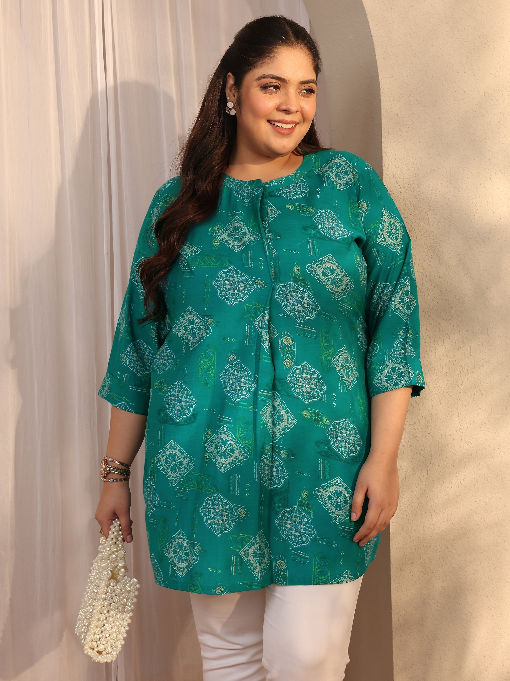 libas Plus Size Blue Printed Silk Blend Straight Short Kurti-picture-53