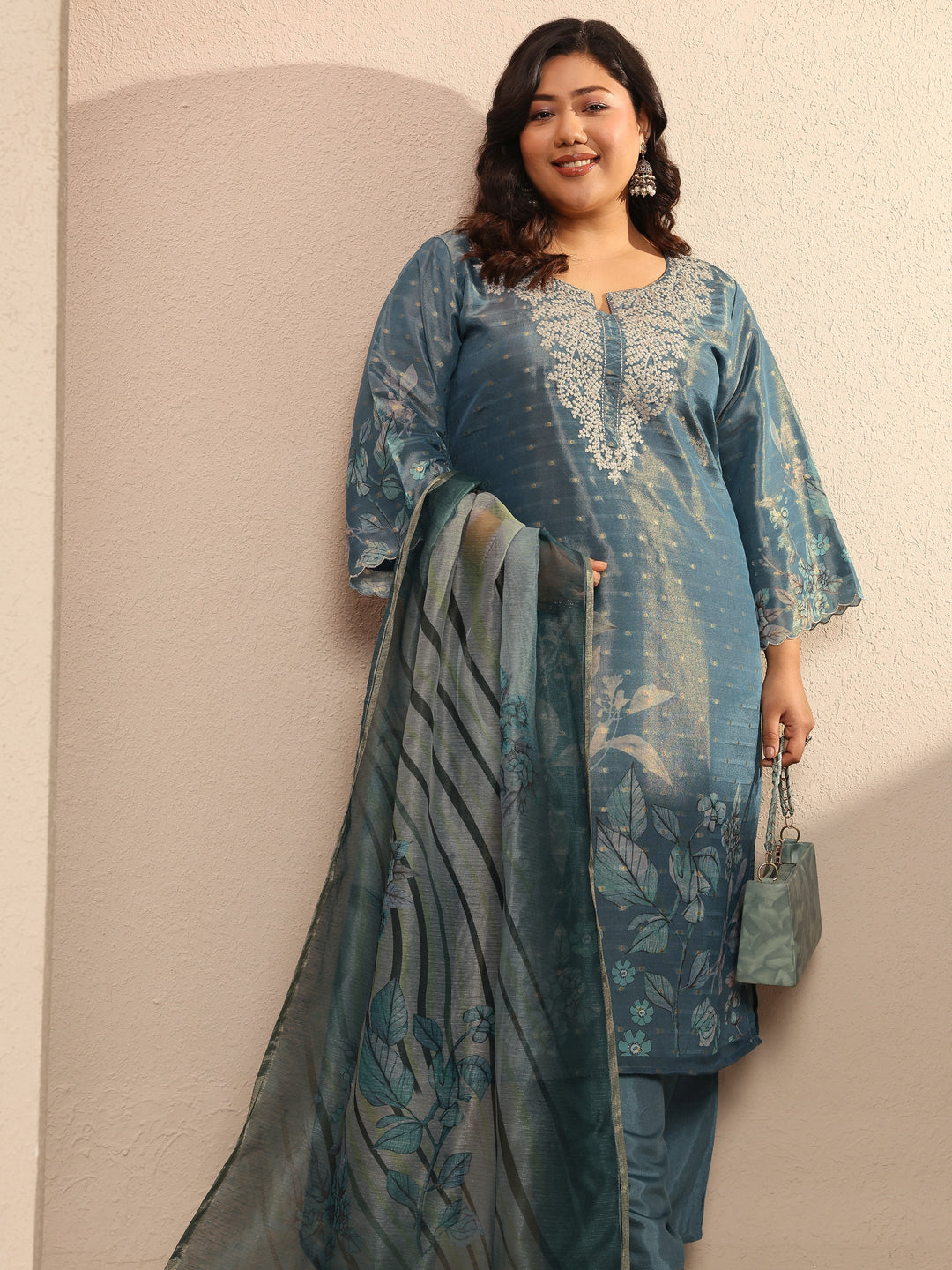 Plus Size Blue Printed Silk blend Suit Set With Dupatta