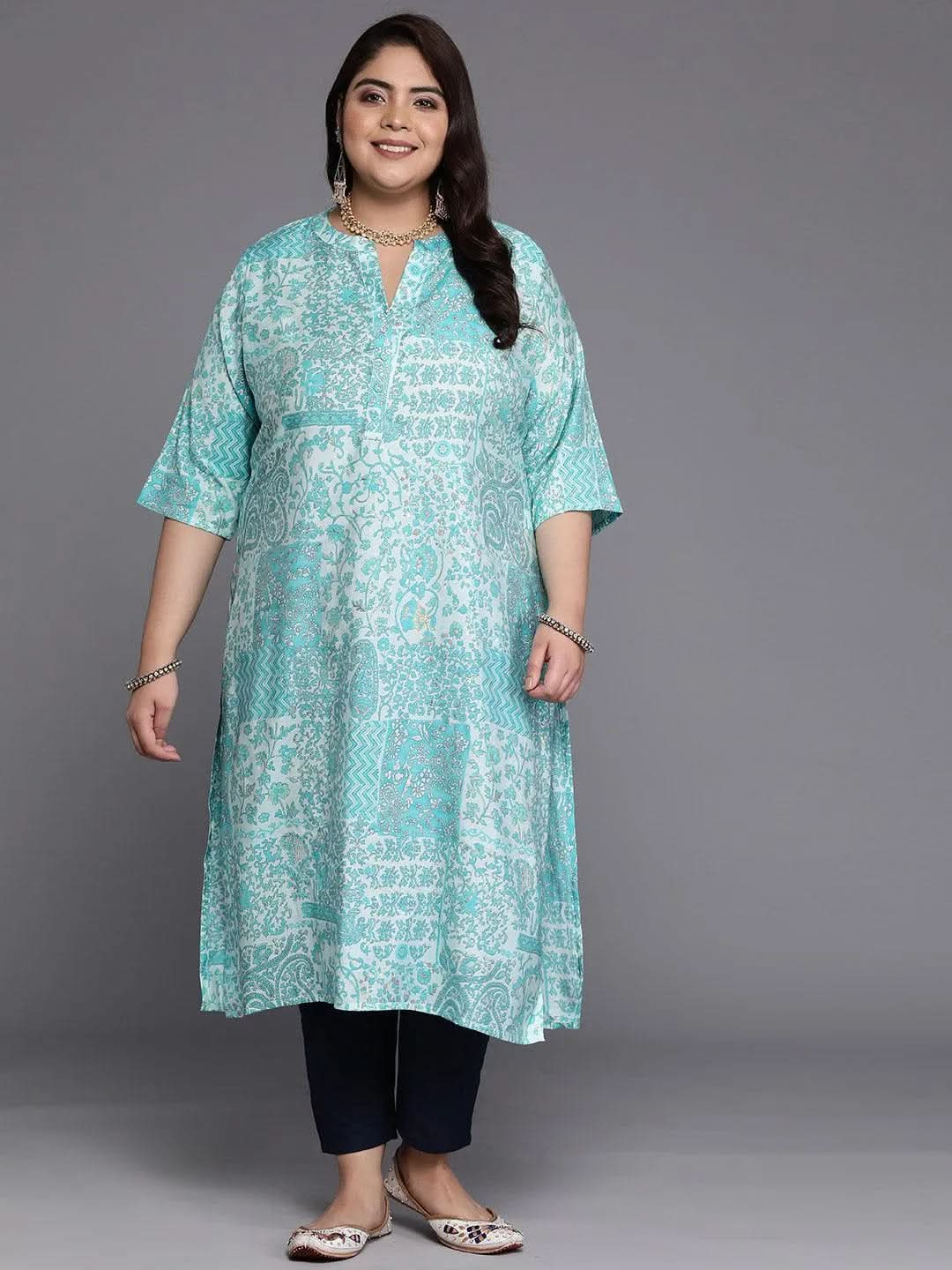 Plus Size Blue Printed Silk Straight Kurta - Libas