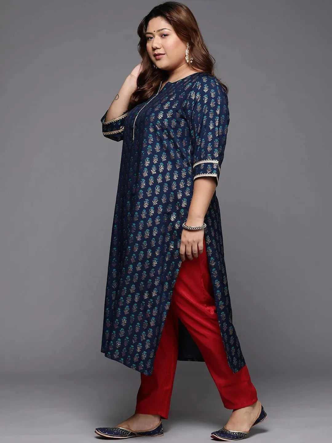 Plus Size Blue Printed Silk Straight Kurta - Libas 