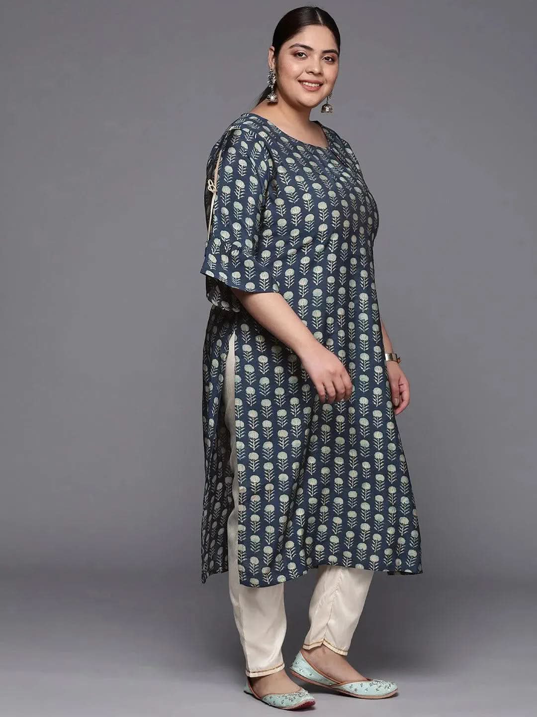 Plus Size Blue Printed Silk Straight Kurta - Libas 