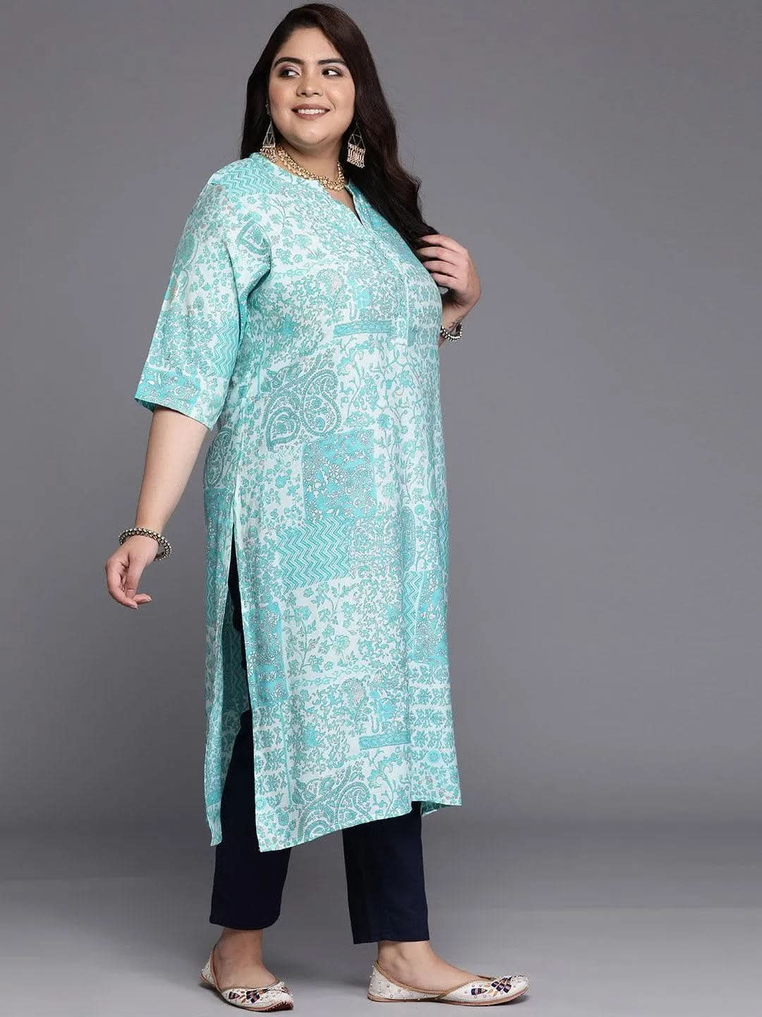 Plus Size Blue Printed Silk Straight Kurta - Libas