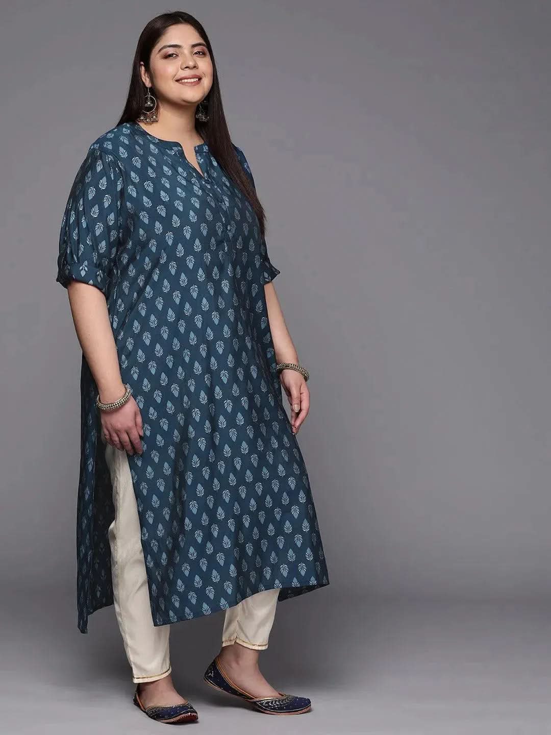 Plus Size Blue Printed Silk Straight Kurta - Libas 