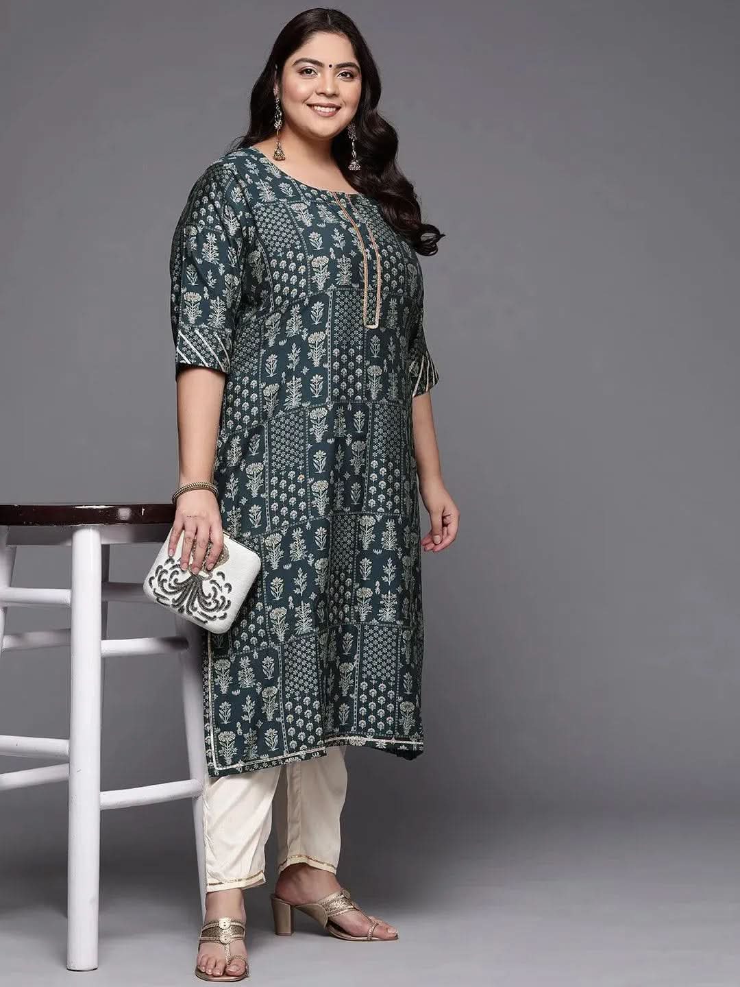 Plus Size Blue Printed Silk Straight Kurta - Libas 