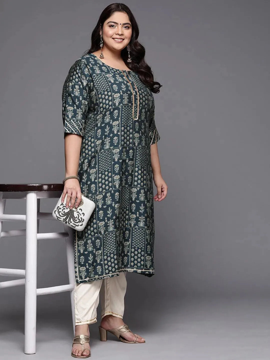 

Plus Size Blue Printed Silk Straight Kurta