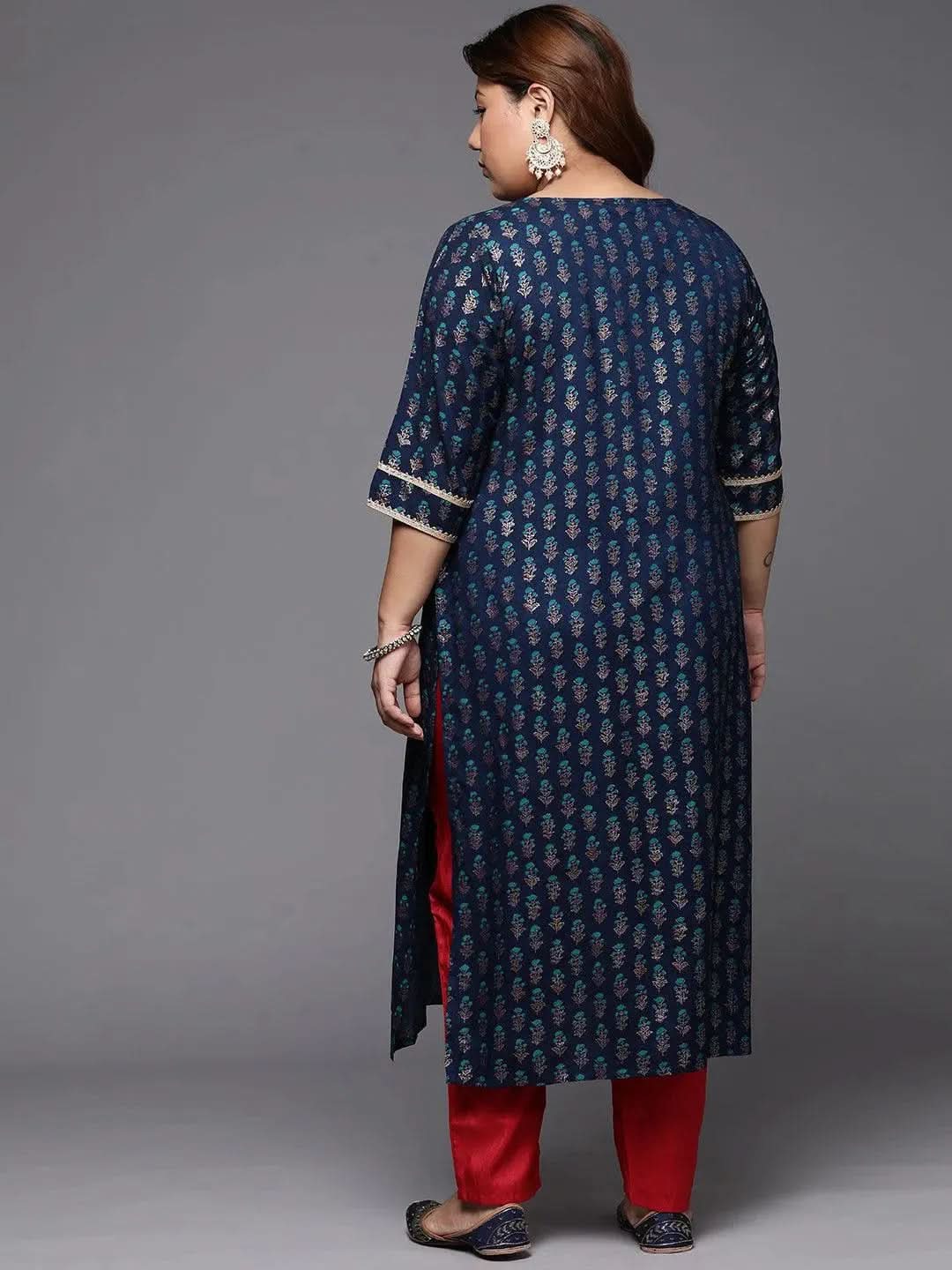

Plus Size Blue Printed Silk Straight Kurta