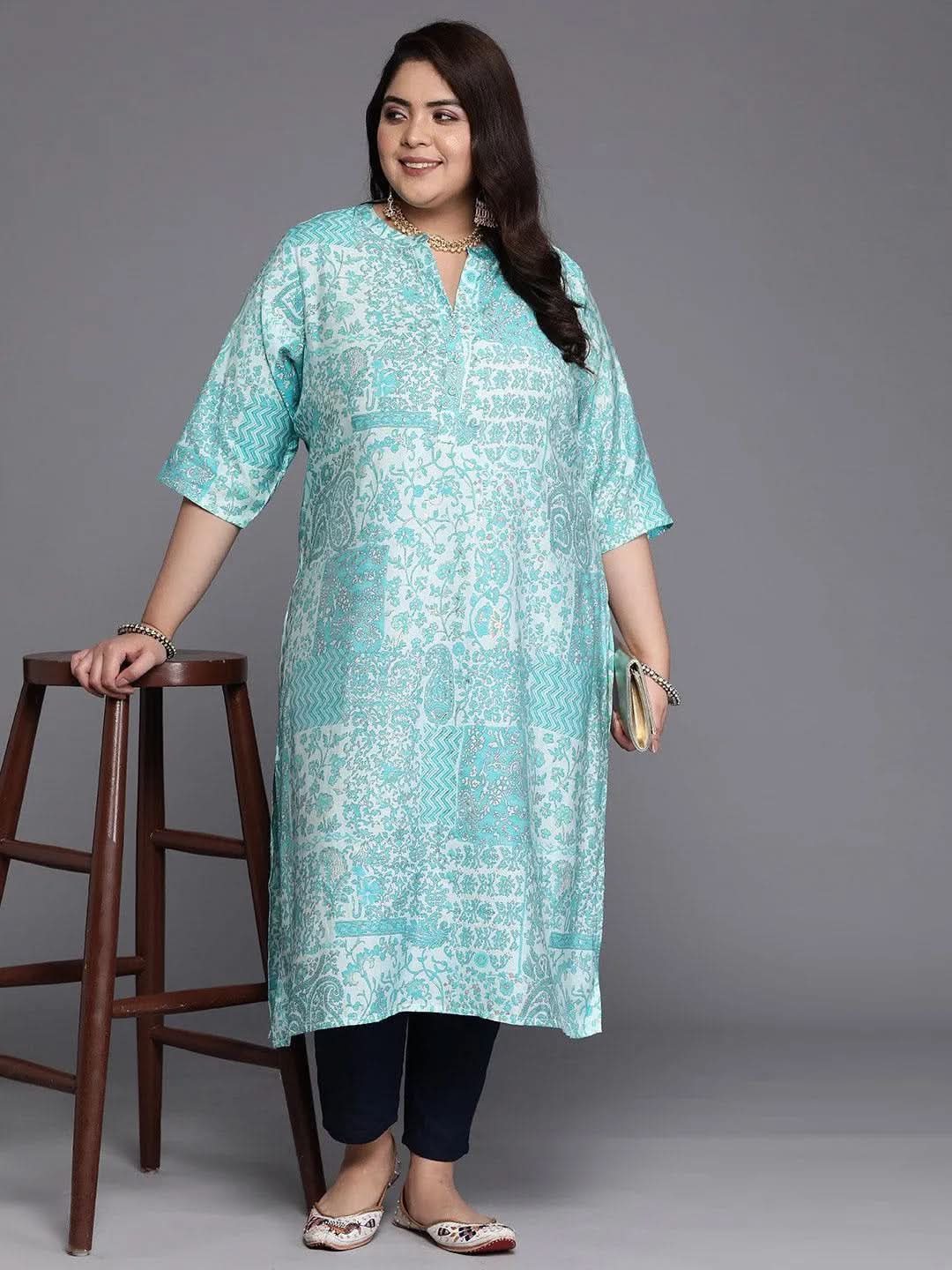 Plus Size Blue Printed Silk Straight Kurta - Libas 