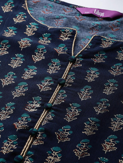 Plus Size Blue Printed Silk Straight Kurta - Libas