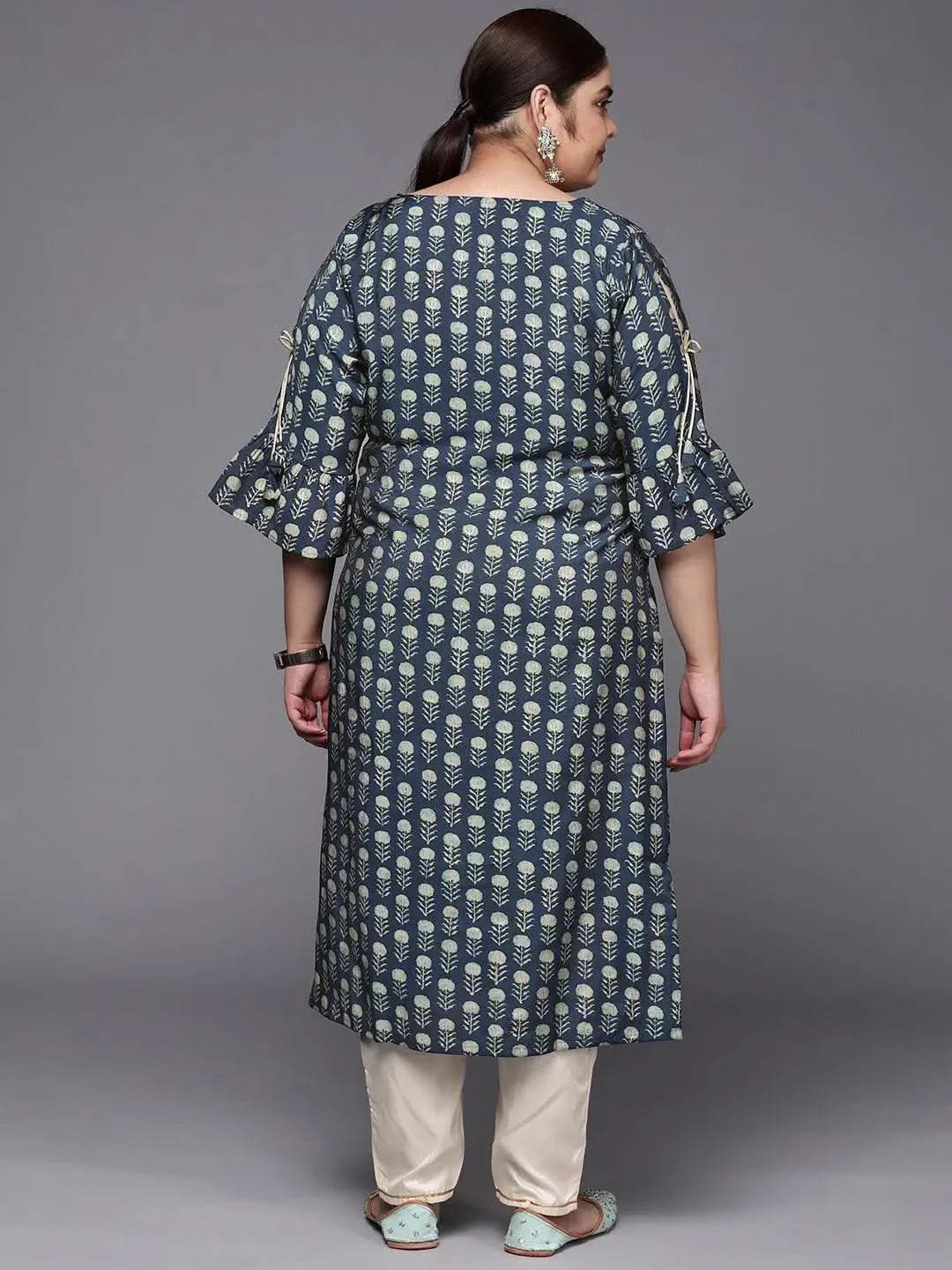 Plus Size Blue Printed Silk Straight Kurta - Libas 