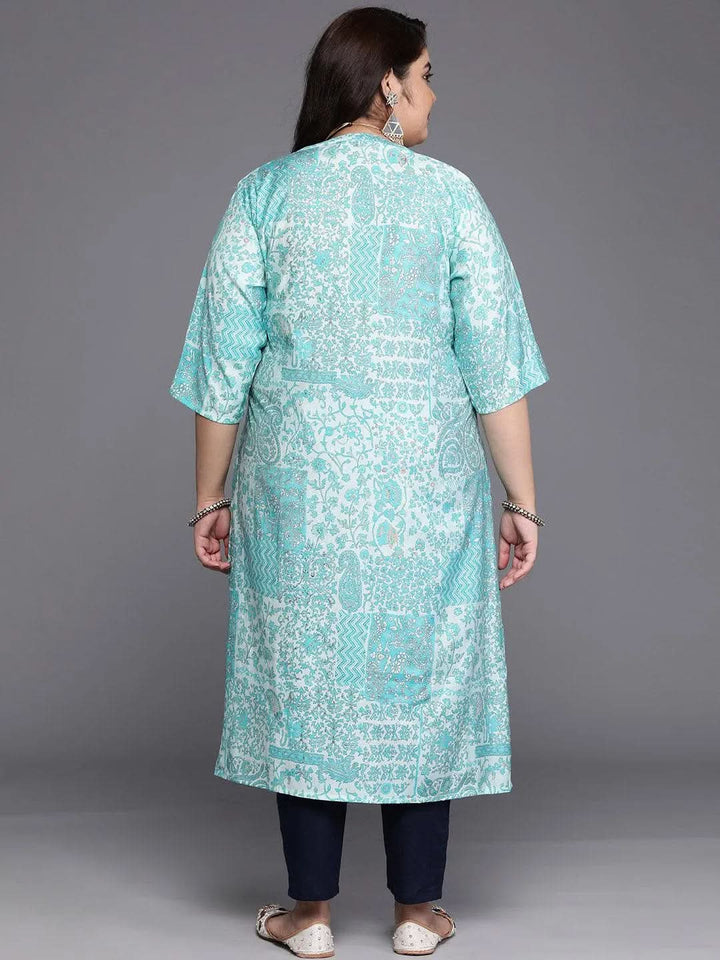 Plus Size Blue Printed Silk Straight Kurta - Libas