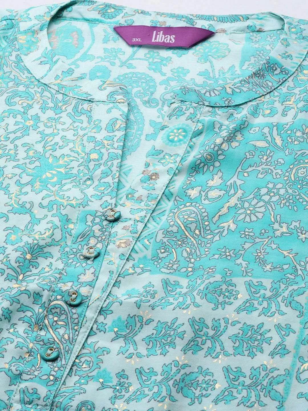 Plus Size Blue Printed Silk Straight Kurta - Libas 