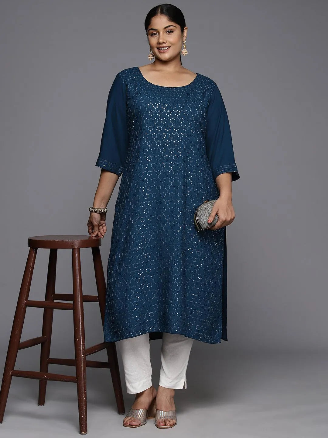 Plus Size Blue Rayon Embellished Straight Kurta - Libas 