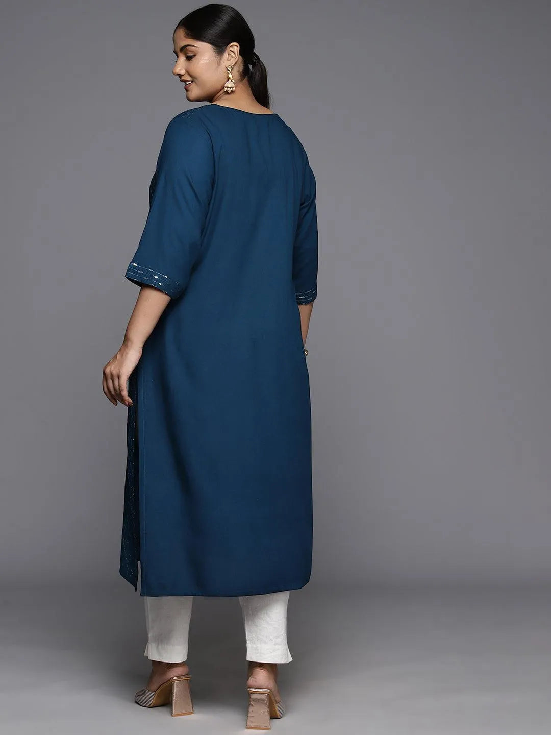 Plus Size Blue Rayon Embellished Straight Kurta - Libas 