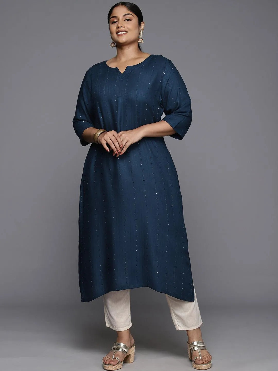 Plus Size Blue Rayon Embroidered Straight Kurta - Libas