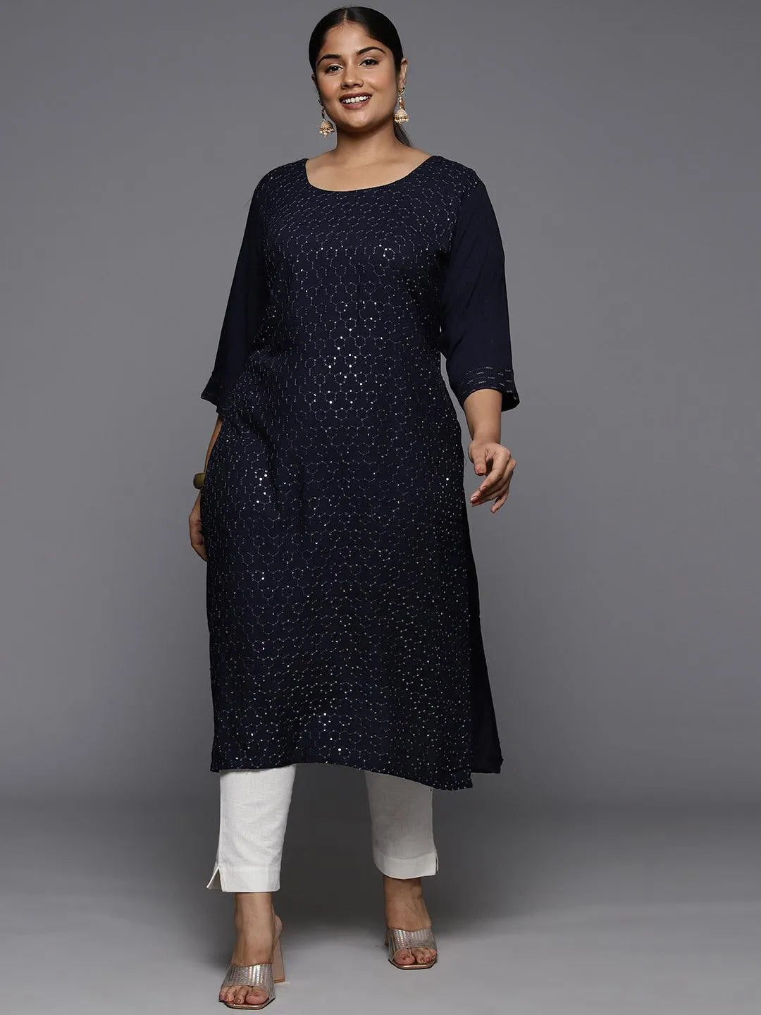 Plus Size Blue Rayon Embroidered Straight Kurta - Libas 