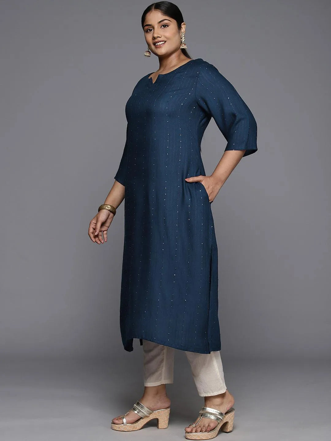 Plus Size Blue Rayon Embroidered Straight Kurta - Libas 