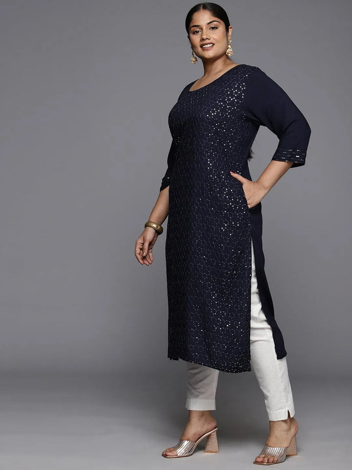 Plus Size Blue Rayon Embroidered Straight Kurta - Libas