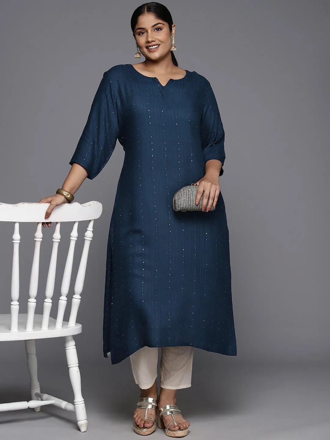 Plus Size Blue Rayon Embroidered Straight Kurta - Libas 