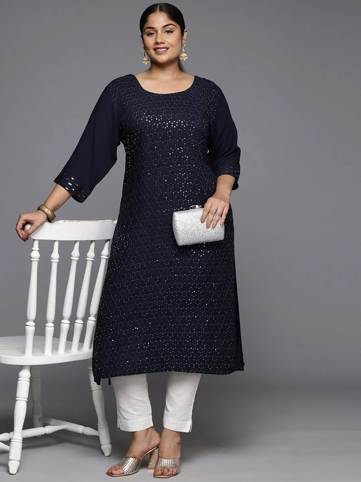 Plus Size Blue Rayon Embroidered Straight Kurta - Libas