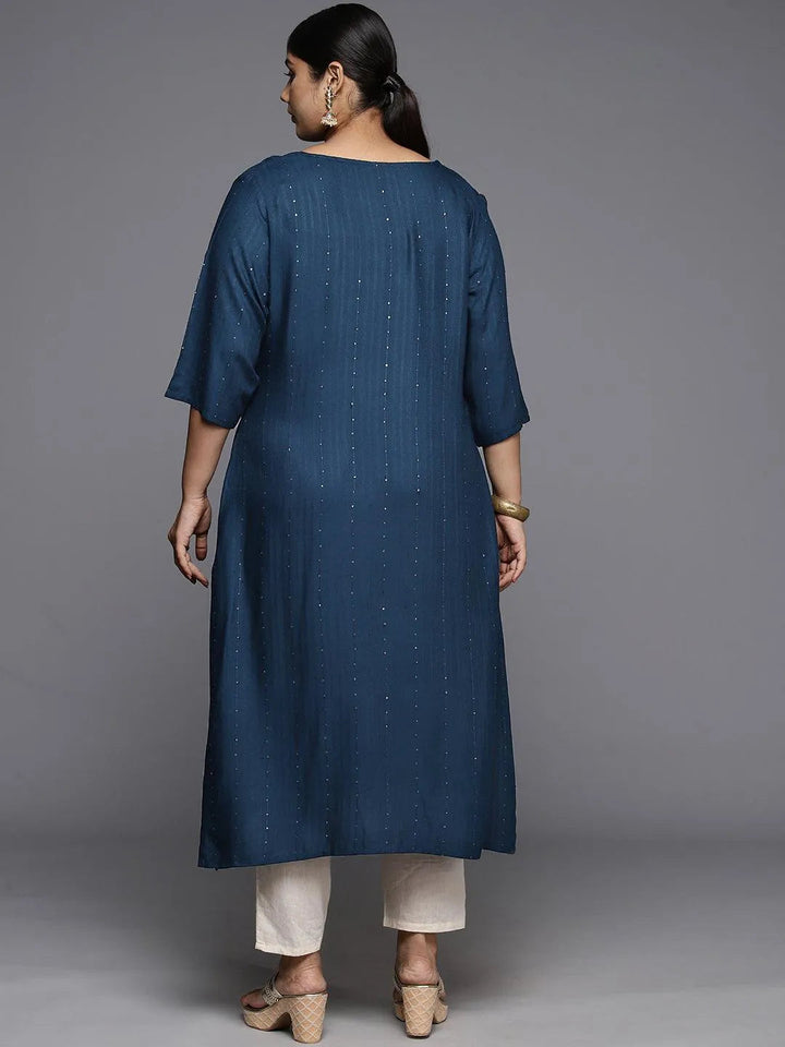 Plus Size Blue Rayon Embroidered Straight Kurta - Libas
