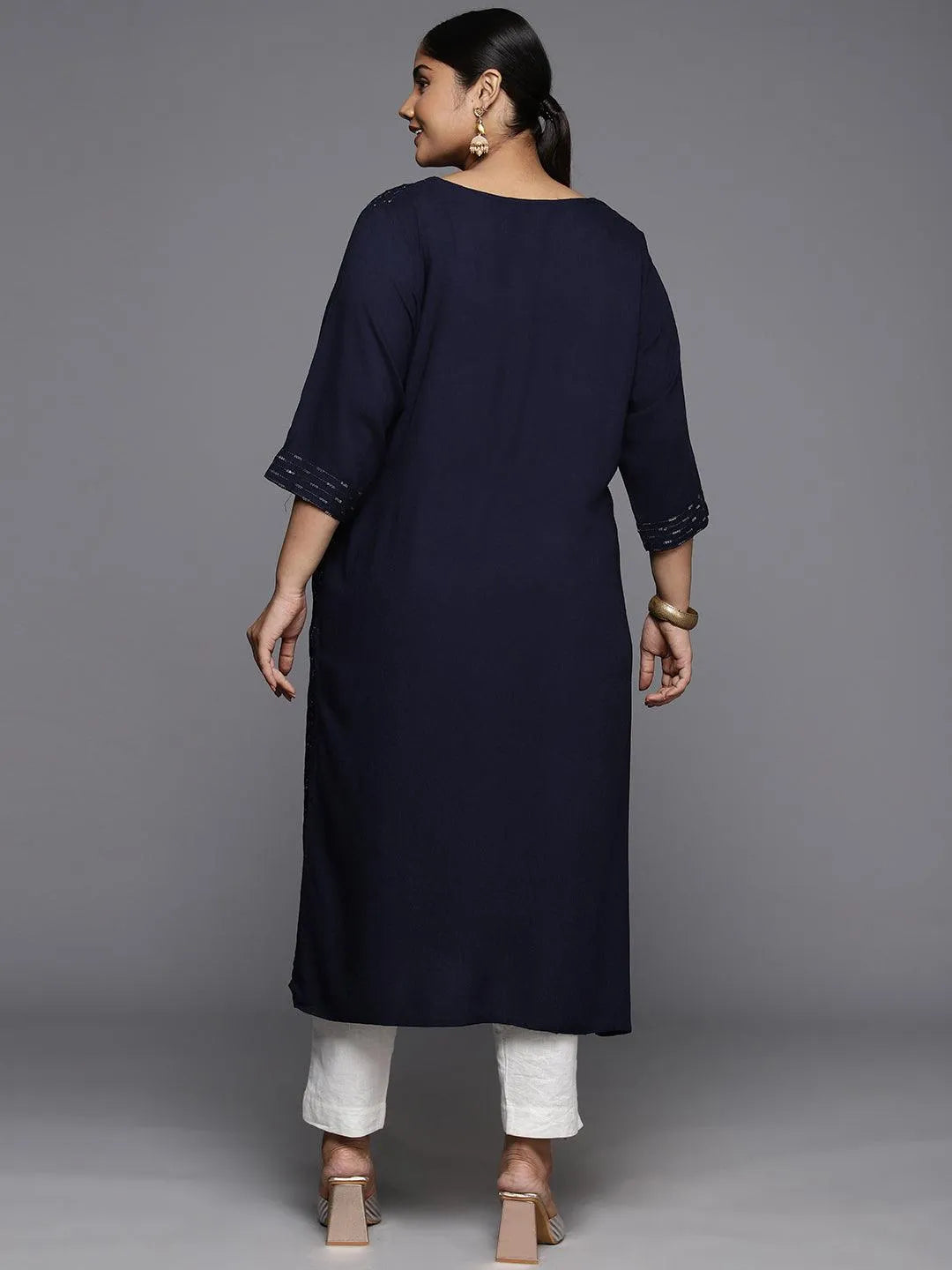 Plus Size Blue Rayon Embroidered Straight Kurta - Libas 