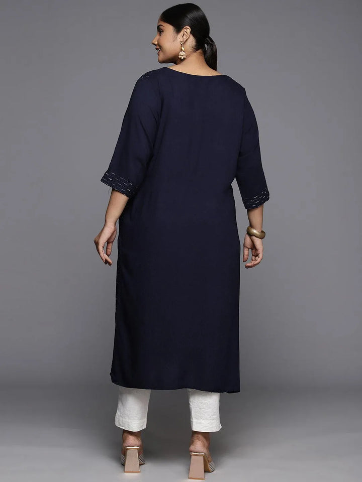 Plus Size Blue Rayon Embroidered Straight Kurta - Libas