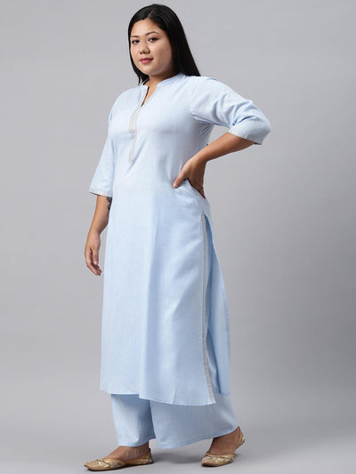 Plus Size Blue Solid Cotton Suit Set - Libas