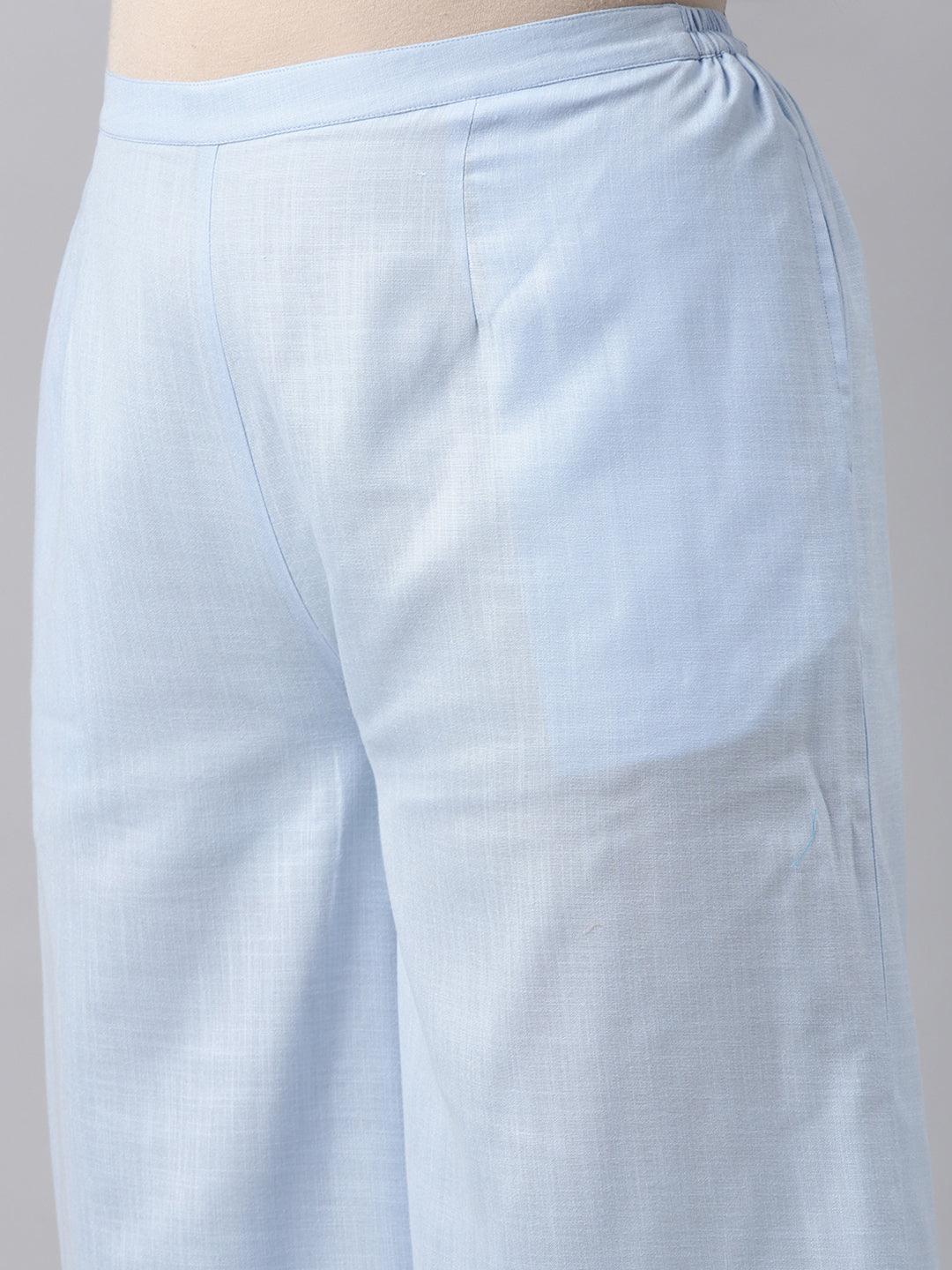 Plus Size Blue Solid Cotton Suit Set - Libas