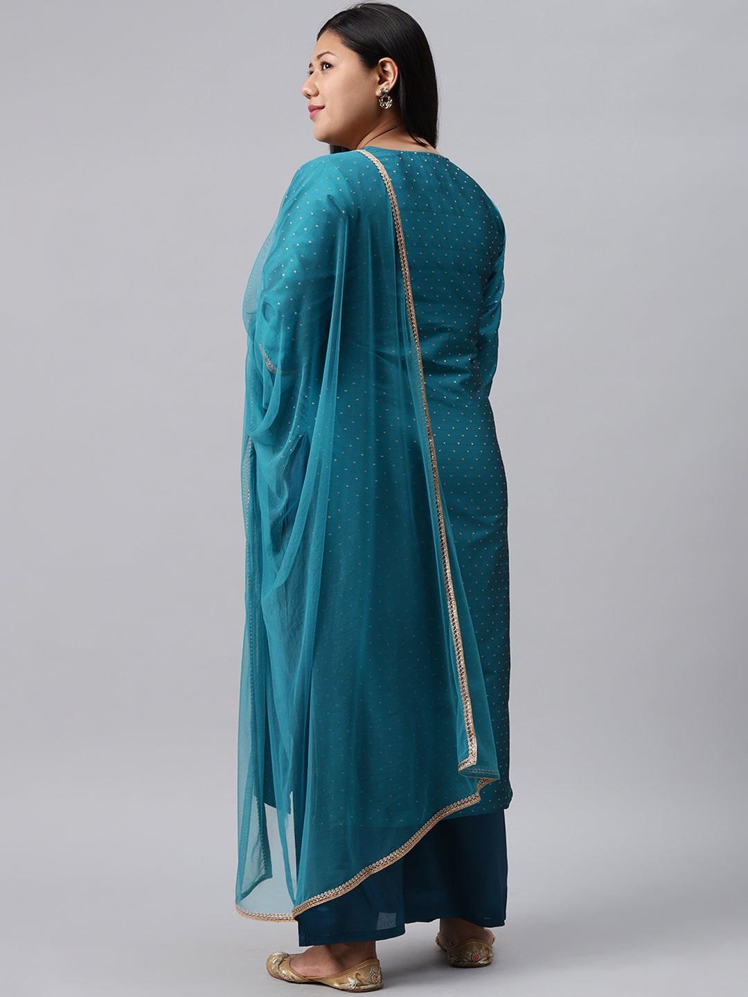 Plus Size Blue Woven Design Art Silk Straight Kurta With Palazzos & Dupatta